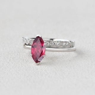 1.0 CT Marquise Ruby July Birthstone Solitaire Bridal Ring Set in 925 Sterling Silver