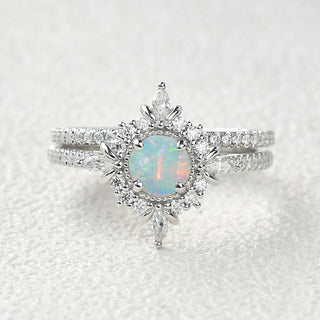 1.0 CT Round Opal October Birthstone Halo & Pave Bridal Ring Set in 925 Sterling Silver