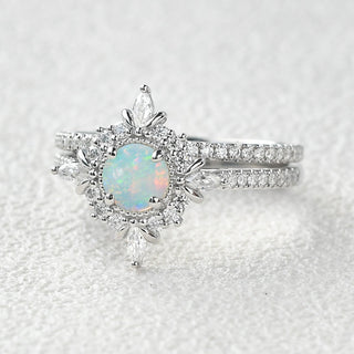 1.0 CT Round Opal October Birthstone Halo & Pave Bridal Ring Set in 925 Sterling Silver