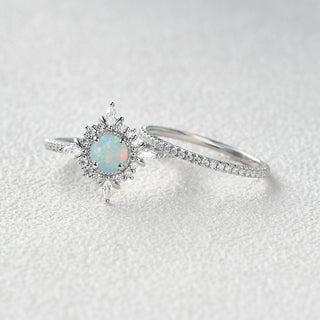 1.0 CT Round Opal October Birthstone Halo & Pave Bridal Ring Set in 925 Sterling Silver