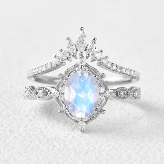 1.50 CT Oval Moonstone June Birthstone Vintage Bridal Ring Set in 925 Sterling Silver