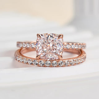 2.0CT Cushion Moissanite Diamond Hidden Halo Pave Engagement Ring With Wedding Band | Bridal ring Set