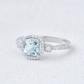 2.0 CT Cushion Aquamarine March Birthstone Halo & Pave Ring in 925 Sterling Silver