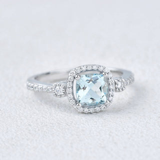 2.0 CT Cushion Aquamarine March Birthstone Halo & Pave Ring in 925 Sterling Silver