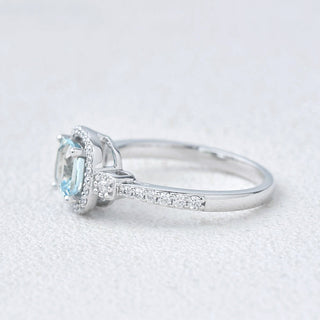 2.0 CT Cushion Aquamarine March Birthstone Halo & Pave Ring in 925 Sterling Silver