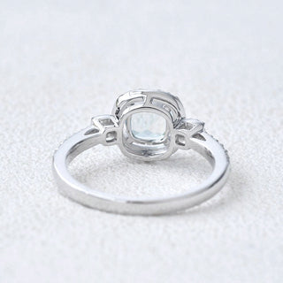 2.0 CT Cushion Aquamarine March Birthstone Halo & Pave Ring in 925 Sterling Silver