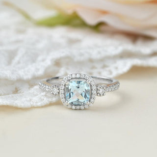 2.0 CT Cushion Aquamarine March Birthstone Halo & Pave Ring in 925 Sterling Silver