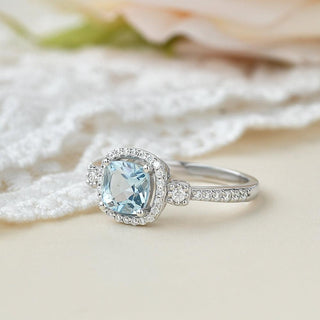 2.0 CT Cushion Aquamarine March Birthstone Halo & Pave Ring in 925 Sterling Silver