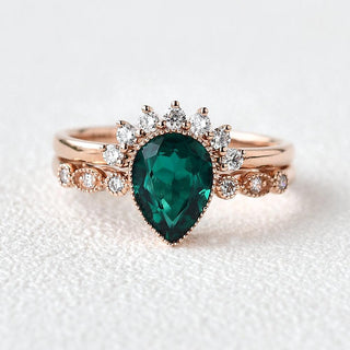 2.0 CT Pear Emerald May Birthstone Vintage Bridal Ring Set in 925 Sterling Silver