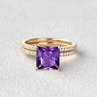 2.0 CT Princess Amethyst February Birthstone Pave Bridal Ring Set in 925 Sterling Silver