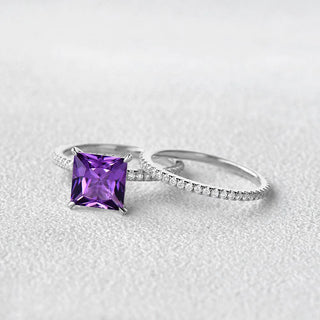 2.0 CT Princess Amethyst February Birthstone Pave Bridal Ring Set in 925 Sterling Silver