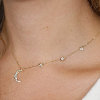 0.39 TCW Minimalist Round Cut Moon and Stars Moissanite Diamond Necklace in 925 Sterling Silver