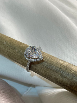 2.0 CT Pear Moissanite Halo Pave Diamond Ring in 925 Sterling Silver- The ‘Alec’ Ring