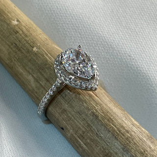 2.0 CT Pear Moissanite Halo Pave Diamond Ring in 925 Sterling Silver- The ‘Alec’ Ring