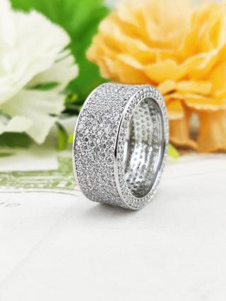 6.75 TCW Round Moissanite Six layered Micro Pave Wedding Band in 925 Sterling Silver- The ‘Isaac’ Wedding Band