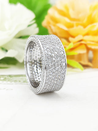 6.75 TCW Round Moissanite Six layered Micro Pave Wedding Band in 925 Sterling Silver- The ‘Isaac’ Wedding Band