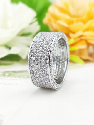 6.75 TCW Round Moissanite Six layered Micro Pave Wedding Band in 925 Sterling Silver- The ‘Isaac’ Wedding Band