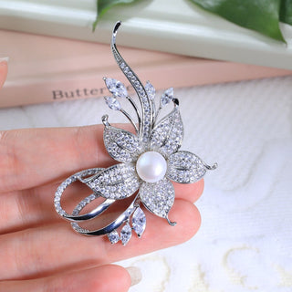 Pearl With Round & Marquise Diamond Flower Brooch