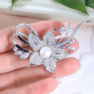 Pearl With Round & Marquise Diamond Flower Brooch