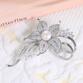 Pearl With Round & Marquise Diamond Flower Brooch