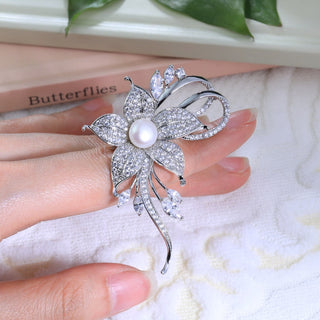 Pearl With Round & Marquise Diamond Flower Brooch
