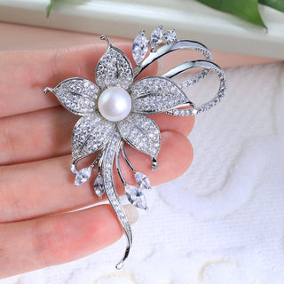 Pearl With Round & Marquise Diamond Flower Brooch