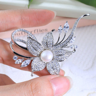 Pearl With Round & Marquise Diamond Flower Brooch