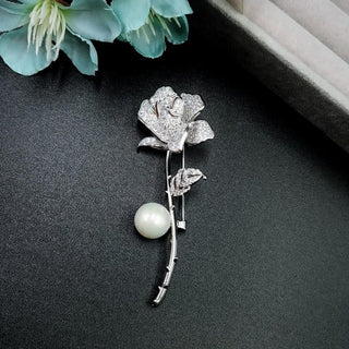 Pearl With Rose Flower Brooch