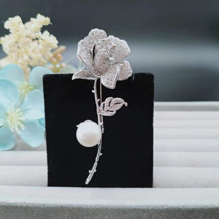 Pearl With Rose Flower Brooch