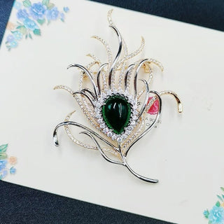 Dainty Green Peacock Feather Luxury Brooch For Women