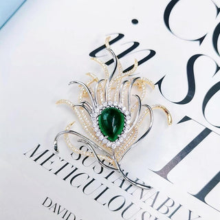 Dainty Green Peacock Feather Luxury Brooch For Women
