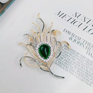 Dainty Green Peacock Feather Luxury Brooch For Women