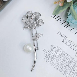 Pearl With Rose Flower Brooch