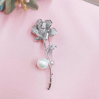 Pearl With Rose Flower Brooch