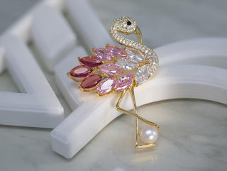 Pearl With Round And Marquise Diamond Flamingo Brooch