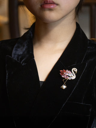 Pearl With Round And Marquise Diamond Flamingo Brooch