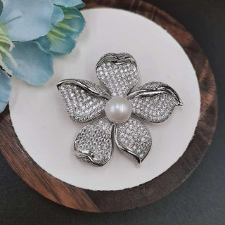 Pearl With Round Diamond Lotus Flower Brooch For Women