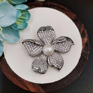 Pearl With Round Diamond Lotus Flower Brooch For Women