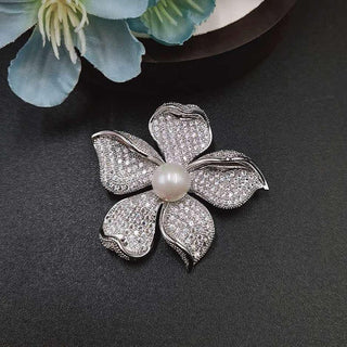 Pearl With Round Diamond Lotus Flower Brooch For Women
