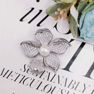 Pearl With Round Diamond Lotus Flower Brooch For Women