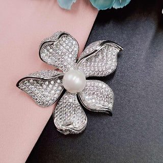 Pearl With Round Diamond Lotus Flower Brooch For Women