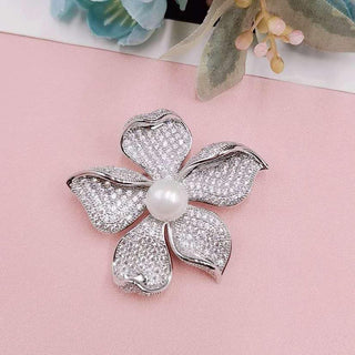 Pearl With Round Diamond Lotus Flower Brooch For Women