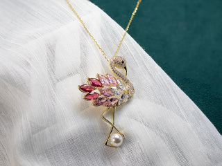 Pearl With Round And Marquise Diamond Flamingo Brooch