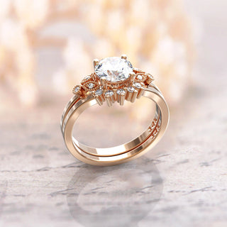 1.0TCW Round Cut Vintage Moissanite Diamond Unique Bridal Engagement Ring Set