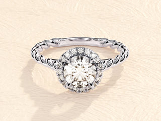 1.0TCW Round Halo Twisted Moissanite Diamond Engagement Ring in 925 Sterling Silver