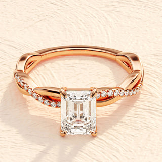 1.0-2.0TCW Emerald Cut Twisted Pave Moissanite Diamond Engagement Ring in 925 Sterling Silver