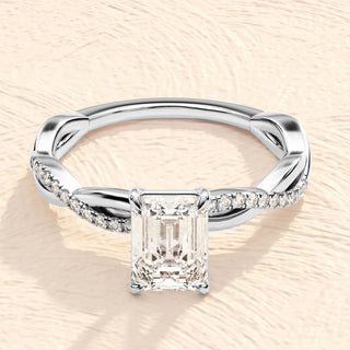 1.0-2.0TCW Emerald Cut Twisted Pave Moissanite Diamond Engagement Ring in 925 Sterling Silver