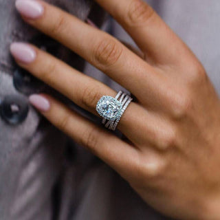 4.0CT Elongated Cushion Moissanite Diamond Halo Pave Engagement Ring With Double Wedding Band | Bridal ring Set