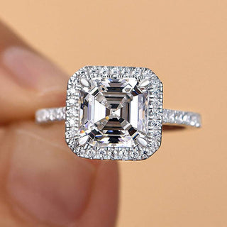 3.0CT Asscher Cut Halo Pave Diamond Moissanite Engagement Ring