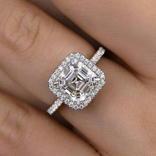 3.0CT Asscher Cut Halo Pave Diamond Moissanite Engagement Ring